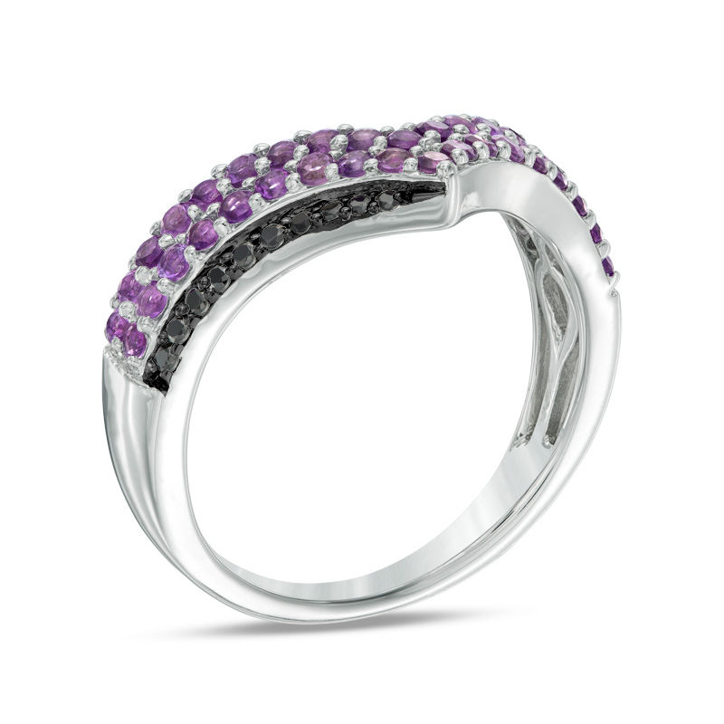 Main Image 2 of Amethyst and 0.09 CT. T.W. Black Diamond Triple Row Chevron Band in Sterling Silver