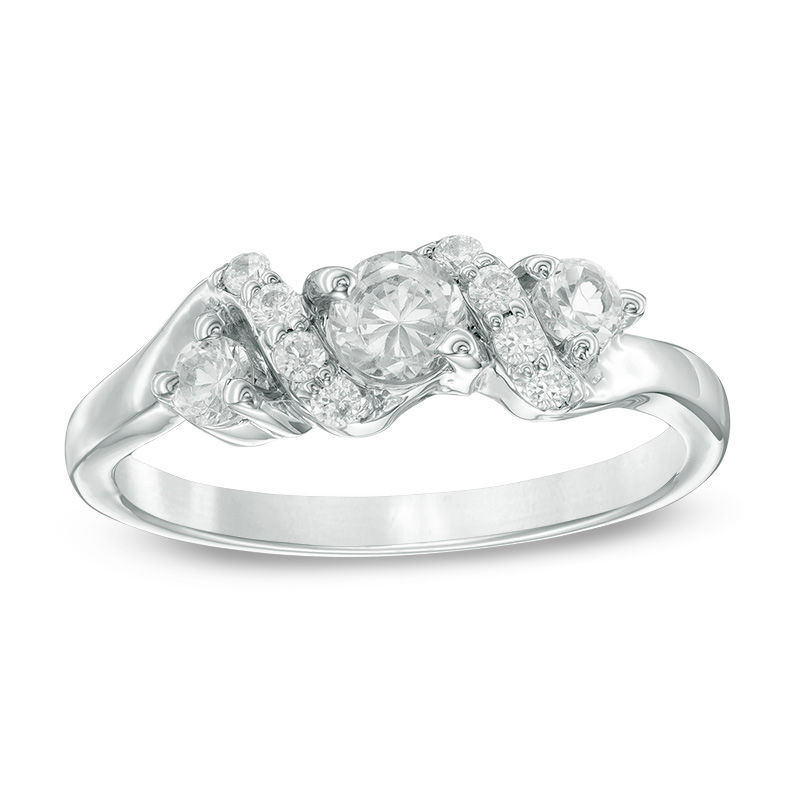 4.0mm Lab-Created White Sapphire and 0.11 CT. T.W. Diamond Overlay Three Stone Ring in Sterling Silver