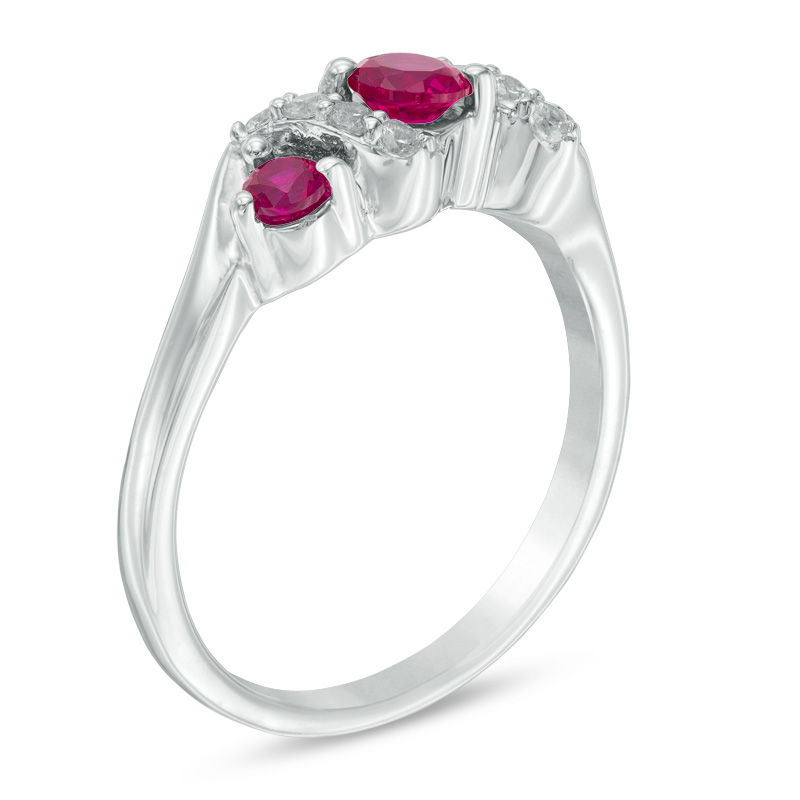 Main Image 2 of 4.0mm Lab-Created Ruby and 0.11 CT. T.W. Diamond Overlay Three Stone Ring in Sterling Silver
