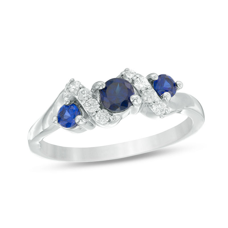 4.0mm Lab-Created Blue Sapphire and 0.11 CT. T.W. Diamond Overlay Three Stone Ring in Sterling Silver