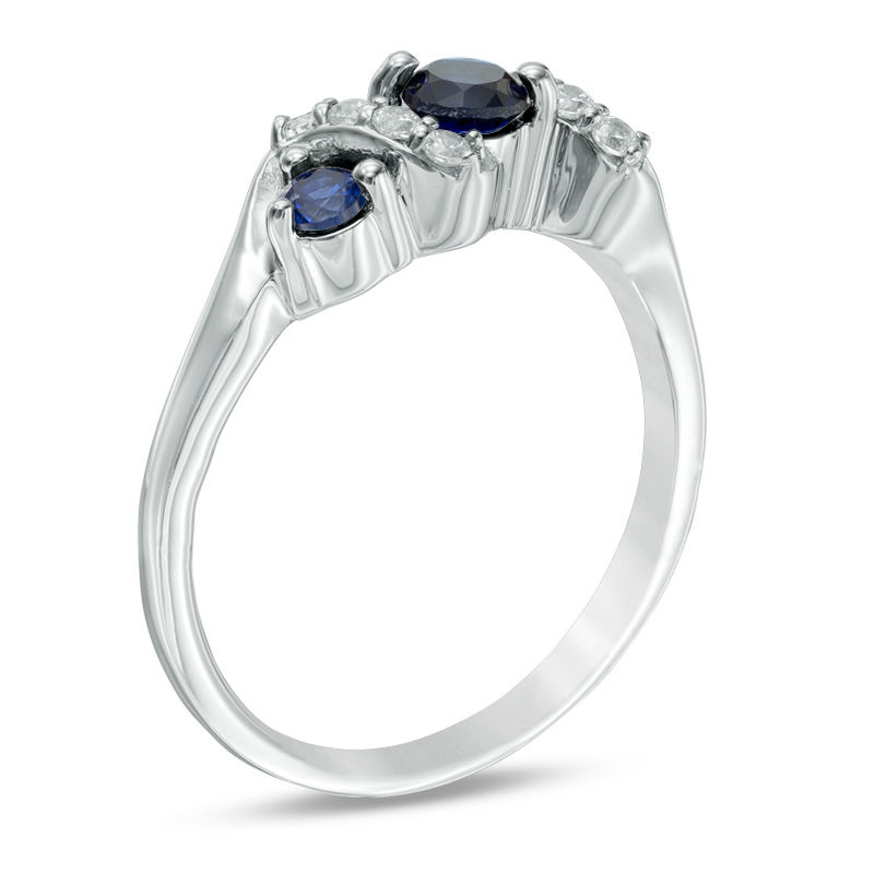 4.0mm Lab-Created Blue Sapphire and 0.11 CT. T.W. Diamond Overlay Three Stone Ring in Sterling Silver