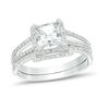 Thumbnail Image 1 of 6.0mm Princess-Cut Lab-Created White Sapphire and 0.25 CT. T.W. Diamond Frame Split Shank Bridal Set in 10K White Gold