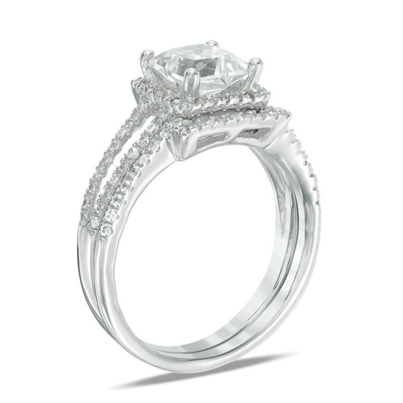 6.0mm Princess-Cut Lab-Created White Sapphire and 0.25 CT. T.W. Diamond Frame Split Shank Bridal Set in 10K White Gold