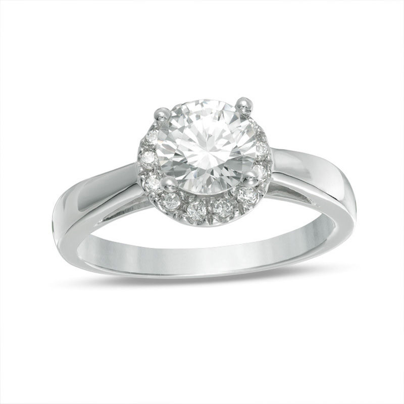 6.0mm Lab-Created White Sapphire and 0.11 CT. T.W. Diamond Frame Engagement Ring in 10K White Gold|Peoples Jewellers