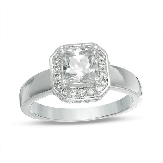 6.5mm Cushion-Cut Lab-Created White Sapphire and 0.23 CT. T.W. Diamond Octagonal Frame Engagement Ring in 10K White Gold
