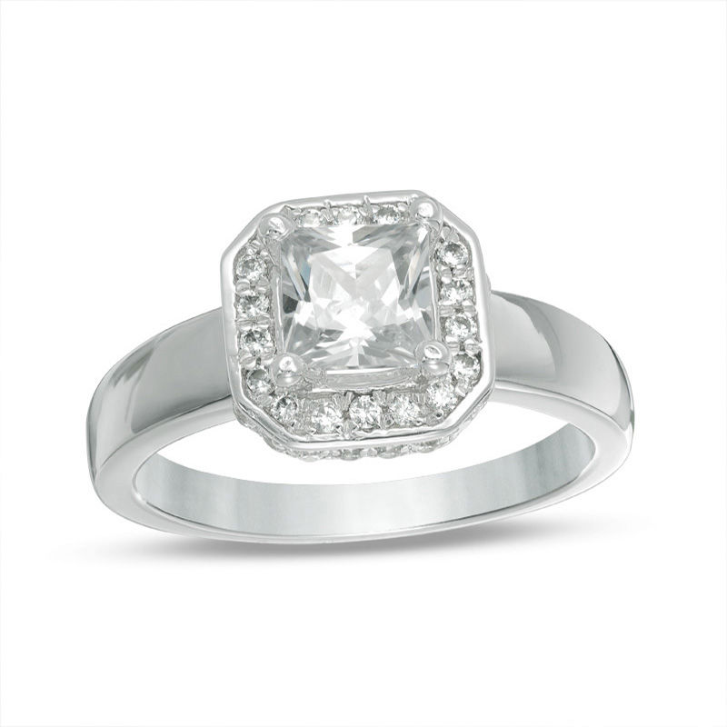 6.5mm Cushion-Cut Lab-Created White Sapphire and 0.23 CT. T.W. Diamond Octagonal Frame Engagement Ring in 10K White Gold