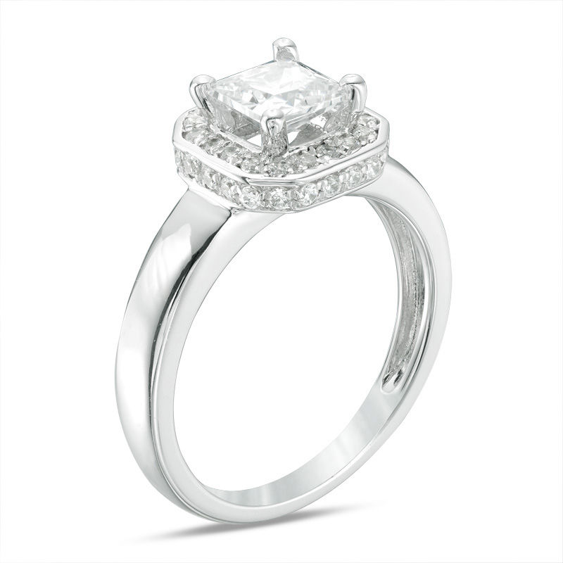 Main Image 2 of 6.5mm Cushion-Cut Lab-Created White Sapphire and 0.23 CT. T.W. Diamond Octagonal Frame Engagement Ring in 10K White Gold