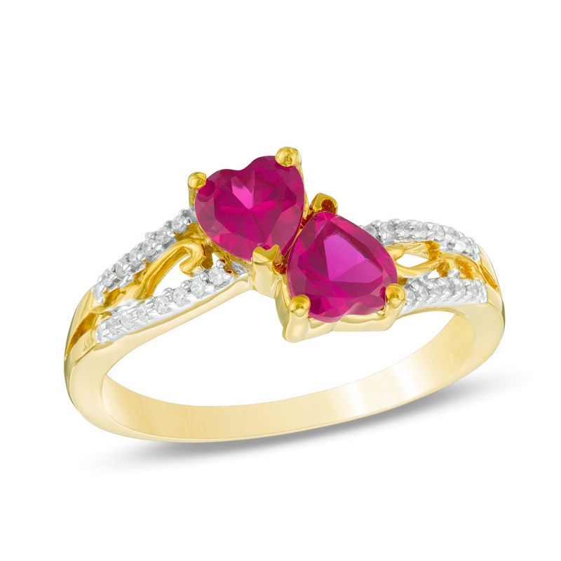 5.0mm Heart-Shaped Lab-Created Ruby and Diamond Accent Mirrored Split Shank Scroll Ring in 10K Gold