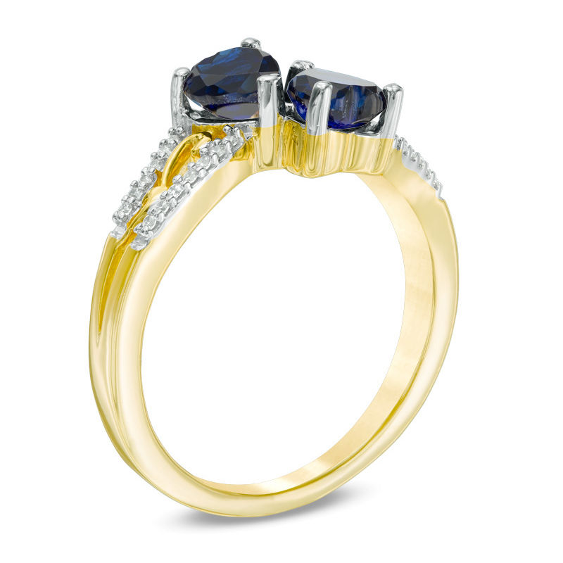 5.0mm Heart-Shaped Lab-Created Blue Sapphire and Diamond Accent Mirrored Split Shank Scroll Ring in 10K Gold