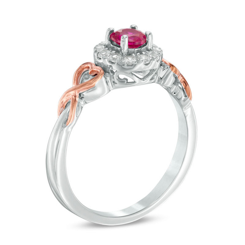 4.3mm Lab-Created Ruby and White Sapphire Frame Heart-Shaped Ribbon Ring in Sterling Silver and 10K Rose Gold