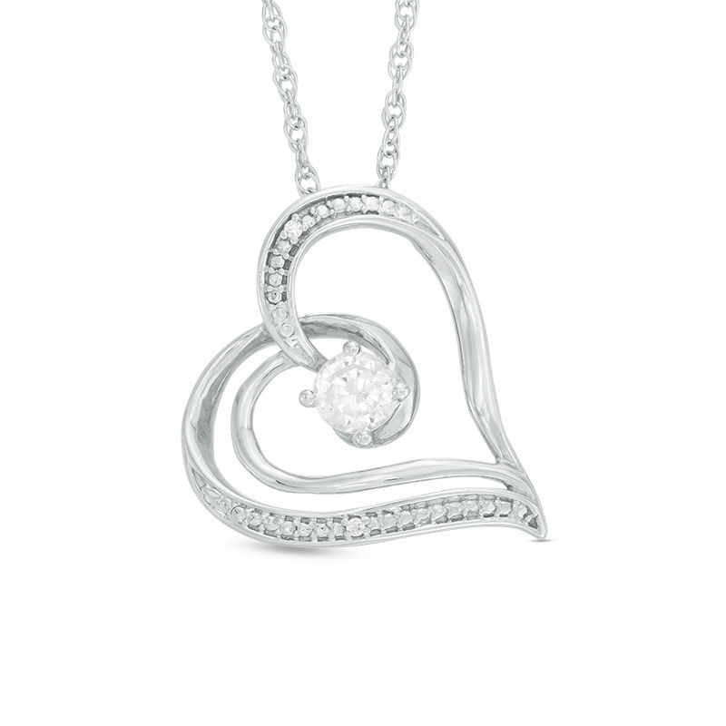 4.0mm Lab-Created White Sapphire and Diamond Accent Swirling Tilted Heart Pendant in Sterling Silver