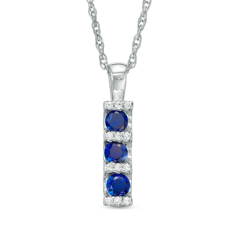 3.0mm Lab-Created Blue Sapphire and Diamond Accent Linear Three Stone Bar Pendant in 10K White Gold