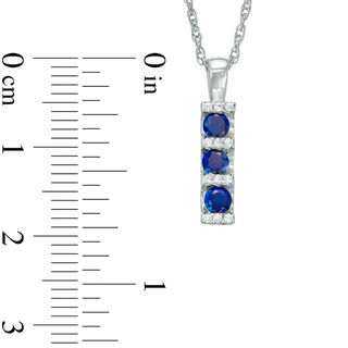 3.0mm Lab-Created Blue Sapphire and Diamond Accent Linear Three Stone Bar Pendant in 10K White Gold