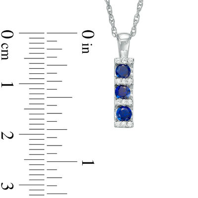 3.0mm Lab-Created Blue Sapphire and Diamond Accent Linear Three Stone Bar Pendant in 10K White Gold