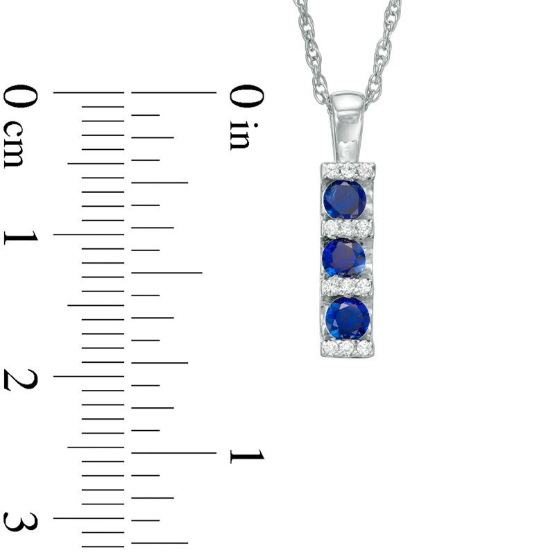 3.0mm Lab-Created Blue Sapphire and Diamond Accent Linear Three Stone Bar Pendant in 10K White Gold
