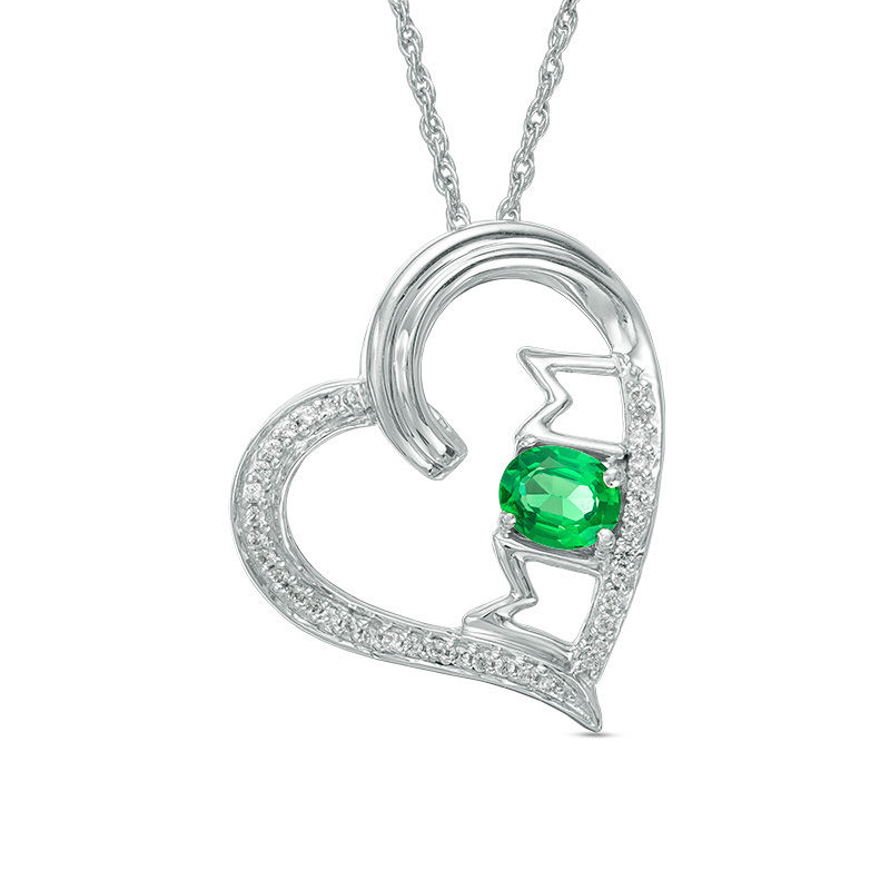 Oval Lab-Created Emerald and 0.09 CT. T.W. Diamond Tilted Heart with "MOM" Pendant in Sterling Silver