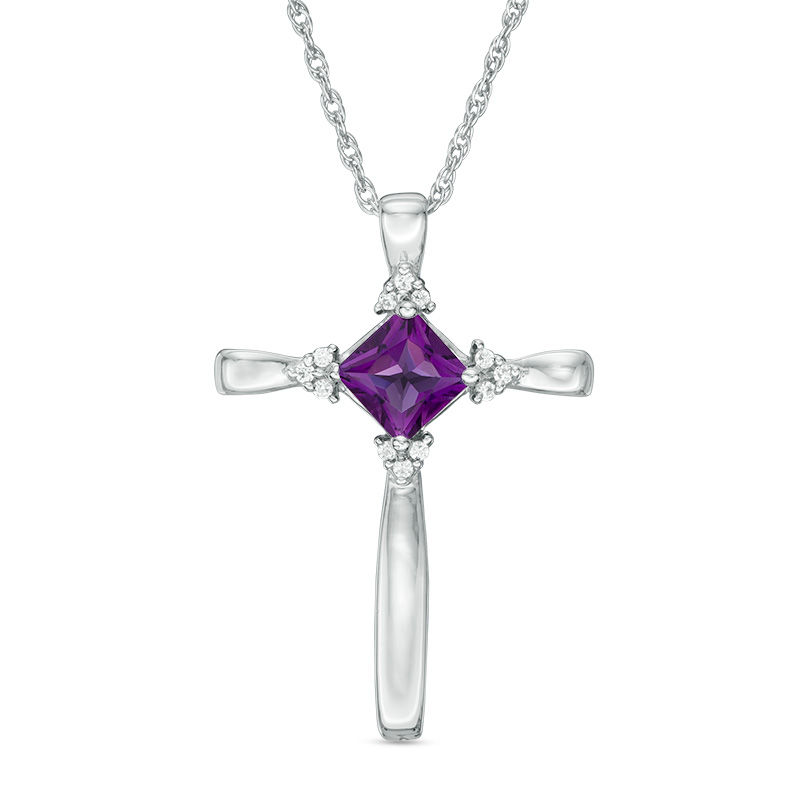 5.0mm Princess-Cut Amethyst and Diamond Accent Tri-Sides Cross Pendant in Sterling Silver