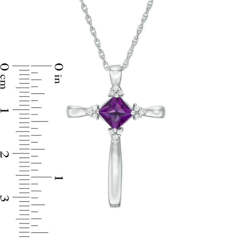 5.0mm Princess-Cut Amethyst and Diamond Accent Tri-Sides Cross Pendant in Sterling Silver