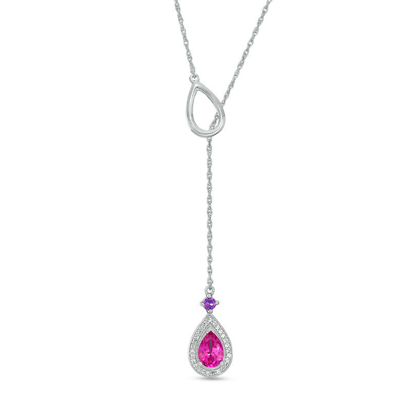 Pear-Shaped Lab-Created Pink Sapphire, Amethyst and 0.09 CT. T.W. Diamond Frame Lariat Necklace in Sterling Silver