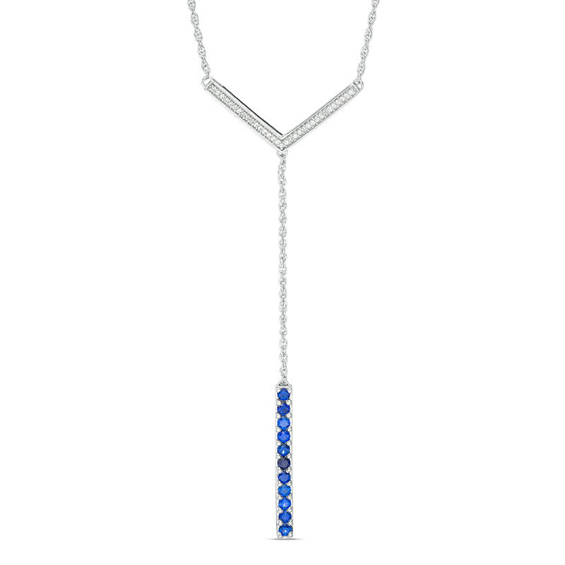 Lab-Created Blue Sapphire and 0.09 CT. T.W. Diamond Linear Bar "Y" Necklace in Sterling Silver - 21"