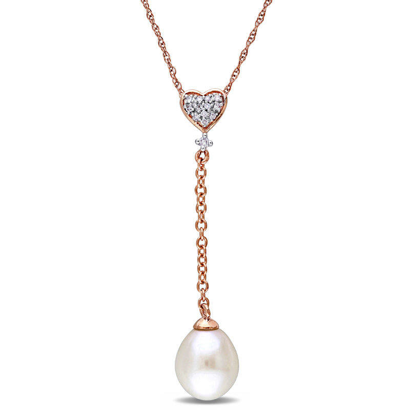 8.0 - 8.5mm Baroque Cultured Freshwater Pearl and Diamond Accent Heart "Y" Necklace in 10K Rose Gold
