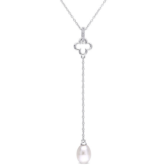 8.0-8.5mm Baroque Freshwater Cultured Pearl and White Topaz Clover "Y" Pendant in Sterling Silver