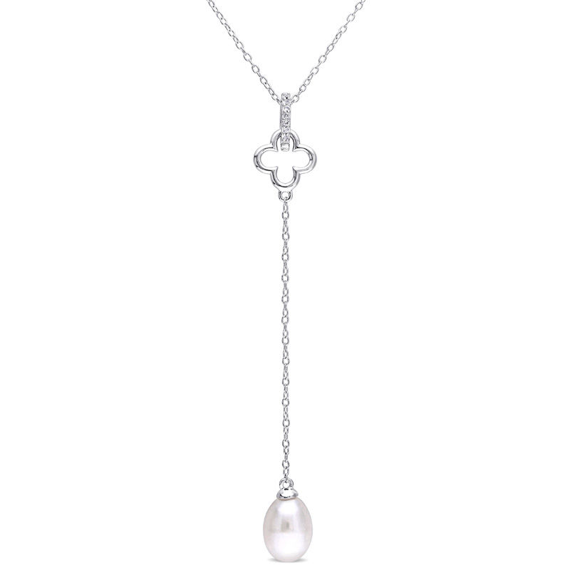 8.0-8.5mm Baroque Cultured Freshwater Pearl and White Topaz Clover "Y" Pendant in Sterling Silver
