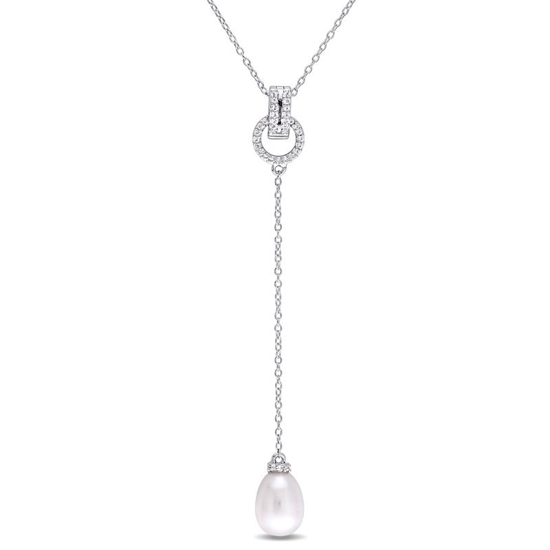 8.0 - 8.5mm Baroque Cultured Freshwater Pearl and White Topaz Buckle "Y" Pendant in Sterling Silver