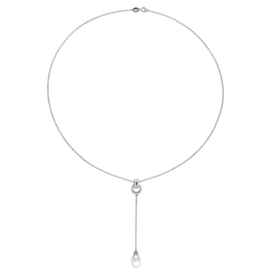 8.0-8.5mm Baroque Freshwater Cultured Pearl and White Topaz Buckle "Y" Pendant in Sterling Silver
