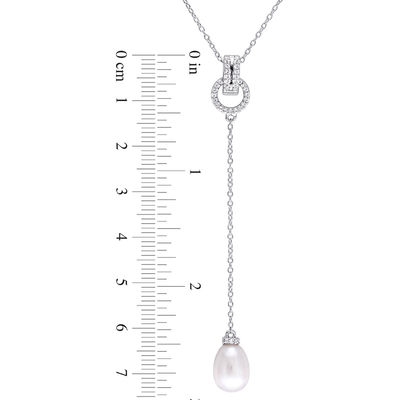 8.0-8.5mm Baroque Freshwater Cultured Pearl and White Topaz Buckle "Y" Pendant in Sterling Silver