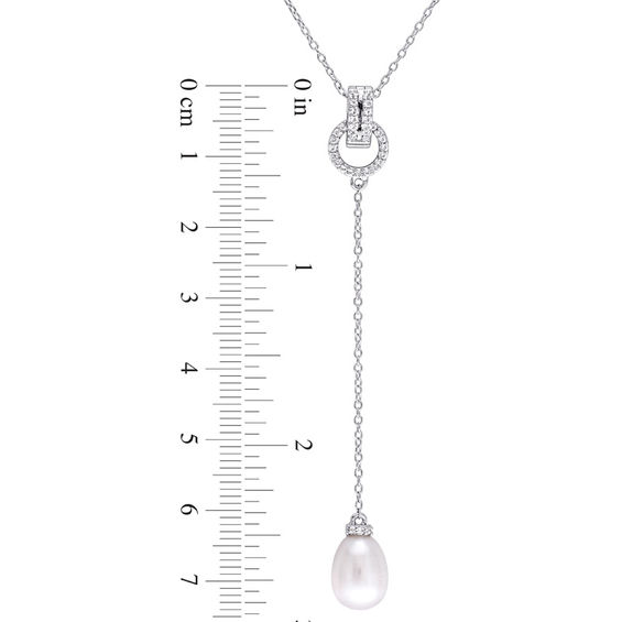 8.0-8.5mm Baroque Freshwater Cultured Pearl and White Topaz Buckle "Y" Pendant in Sterling Silver