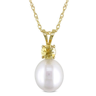 8.0-8.5mm Baroque Freshwater Cultured Pearl and Citrine Pendant in 14K Gold-17"