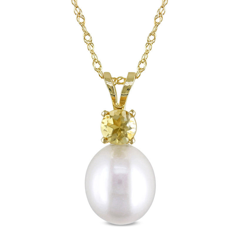 8.0 - 8.5mm Baroque Cultured Freshwater Pearl and Citrine Pendant in 14K Gold - 17"