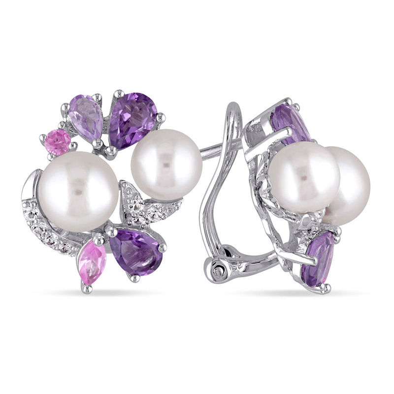 Cultured Freshwater Pearl, Amethyst and Lab-Created Pink and White Sapphire Cluster Earrings in Sterling Silver