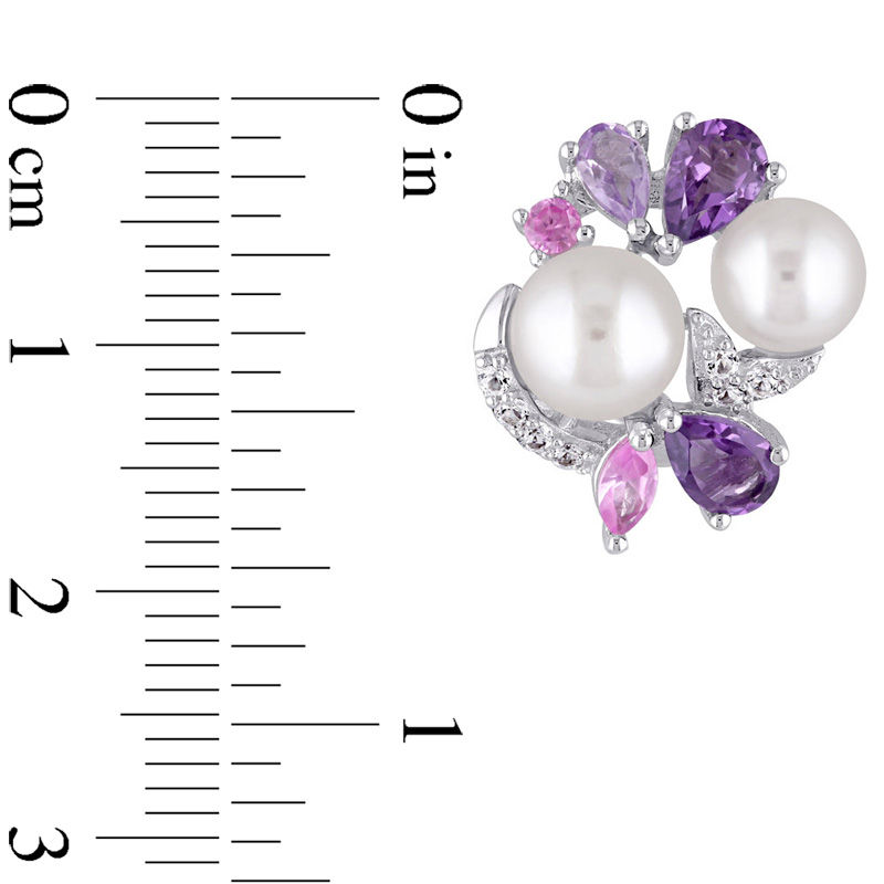 Cultured Freshwater Pearl, Amethyst and Lab-Created Pink and White Sapphire Cluster Earrings in Sterling Silver