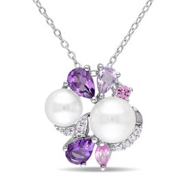 Cultured Freshwater Pearl, Amethyst and Lab-Created Pink and White Sapphire Cluster Pendant in Sterling Silver