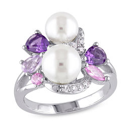 Cultured Freshwater Pearl, Amethyst and Lab-Created Pink and White Sapphire Cluster Ring in Sterling Silver