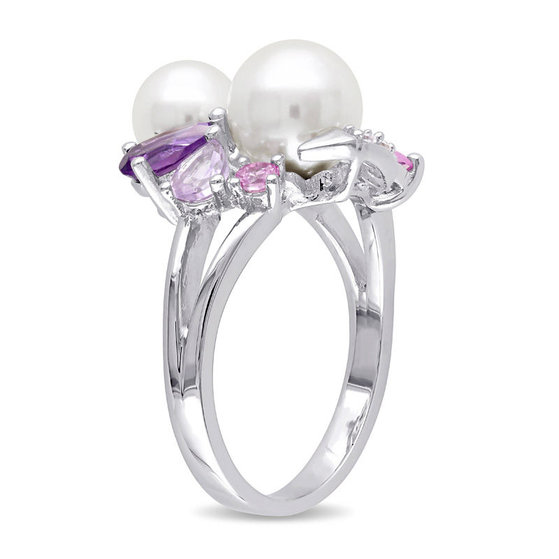 Main Image 2 of Freshwater Cultured Pearl, Amethyst and Lab-Created Pink and White Sapphire Cluster Ring in Sterling Silver