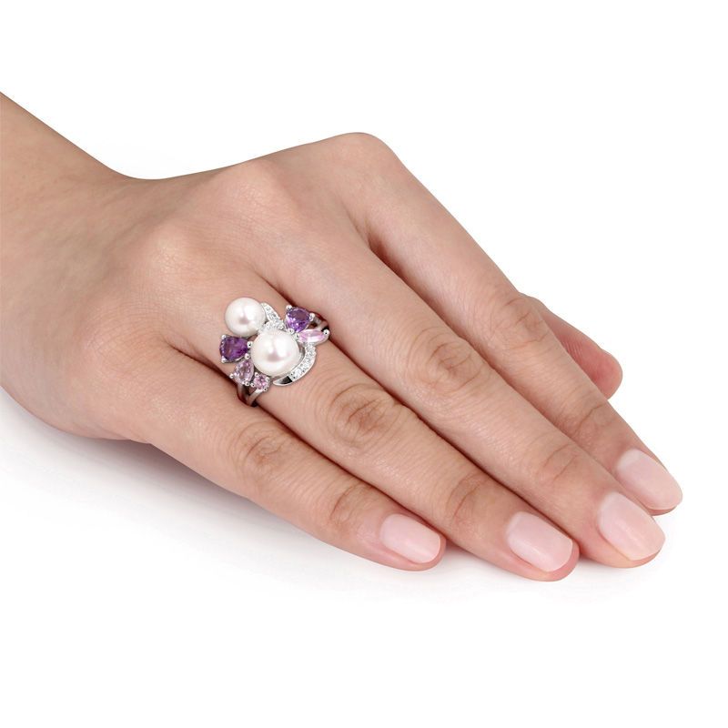 Cultured Freshwater Pearl, Amethyst and Lab-Created Pink and White Sapphire Cluster Ring in Sterling Silver