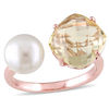 Thumbnail Image 1 of 8.0-8.5mm Freshwater Cultured Pearl and Cushion-Cut Lemon Quartz Doublet Open Ring in Sterling Silver with Rose Rhodium