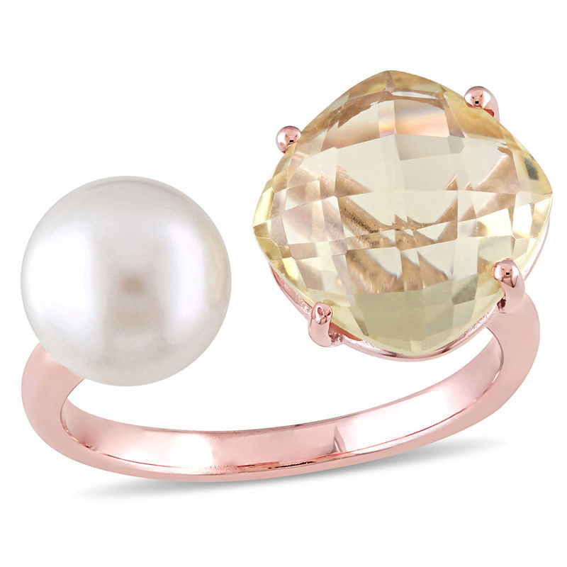 8.0-8.5mm Cultured Freshwater Pearl and Cushion-Cut Lemon Quartz Doublet Open Ring in Sterling Silver with Rose Rhodium