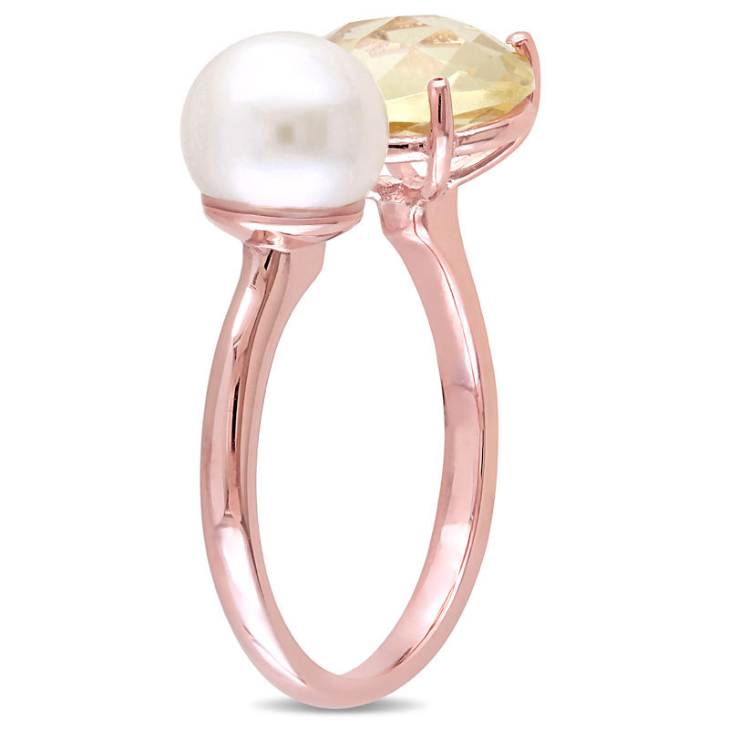 8.0-8.5mm Cultured Freshwater Pearl and Cushion-Cut Lemon Quartz Doublet Open Ring in Sterling Silver with Rose Rhodium