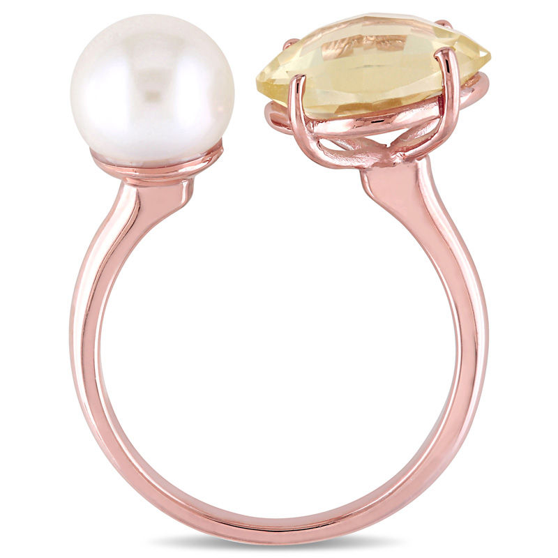 8.0-8.5mm Cultured Freshwater Pearl and Cushion-Cut Lemon Quartz Doublet Open Ring in Sterling Silver with Rose Rhodium