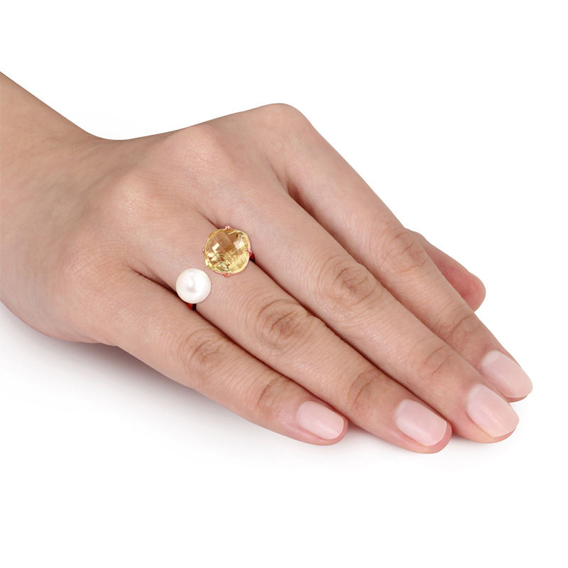 Main Image 4 of 8.0-8.5mm Freshwater Cultured Pearl and Cushion-Cut Lemon Quartz Doublet Open Ring in Sterling Silver with Rose Rhodium