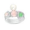 Thumbnail Image 0 of Cultured Freshwater Pearl and Green and Rose Quartz with White Topaz Three Piece Stackable Ring Set in Sterling Silver