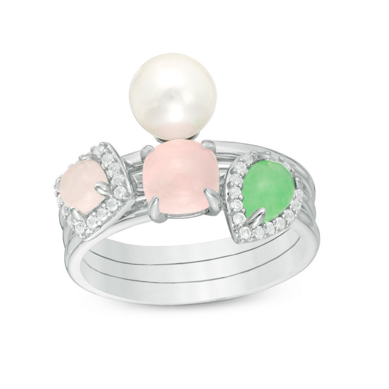 Cultured Freshwater Pearl and Green and Rose Quartz with White Topaz Three Piece Stackable Ring Set in Sterling Silver