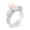 Thumbnail Image 1 of Cultured Freshwater Pearl and Green and Rose Quartz with White Topaz Three Piece Stackable Ring Set in Sterling Silver