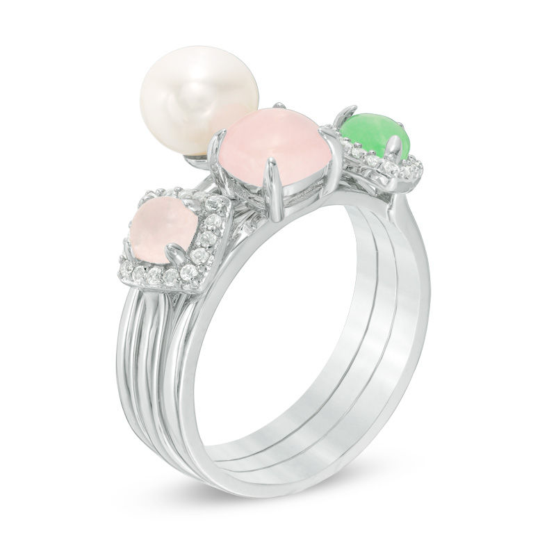 Cultured Freshwater Pearl and Green and Rose Quartz with White Topaz Three Piece Stackable Ring Set in Sterling Silver
