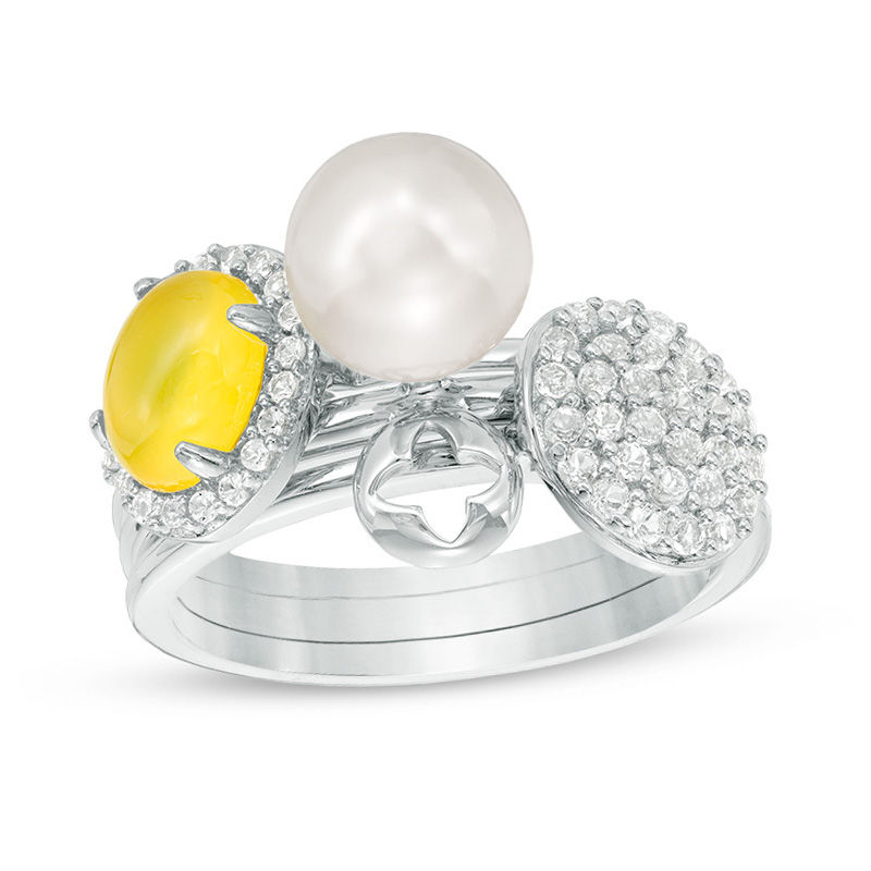 Cultured Freshwater Pearl, Dyed Lemon Quartz and White Topaz Three Piece Stackable Ring Set in Sterling Silver