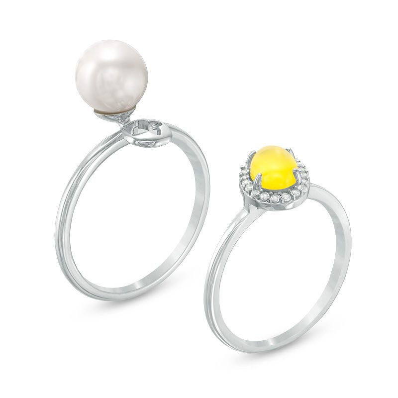 Cultured Freshwater Pearl, Dyed Lemon Quartz and White Topaz Three Piece Stackable Ring Set in Sterling Silver